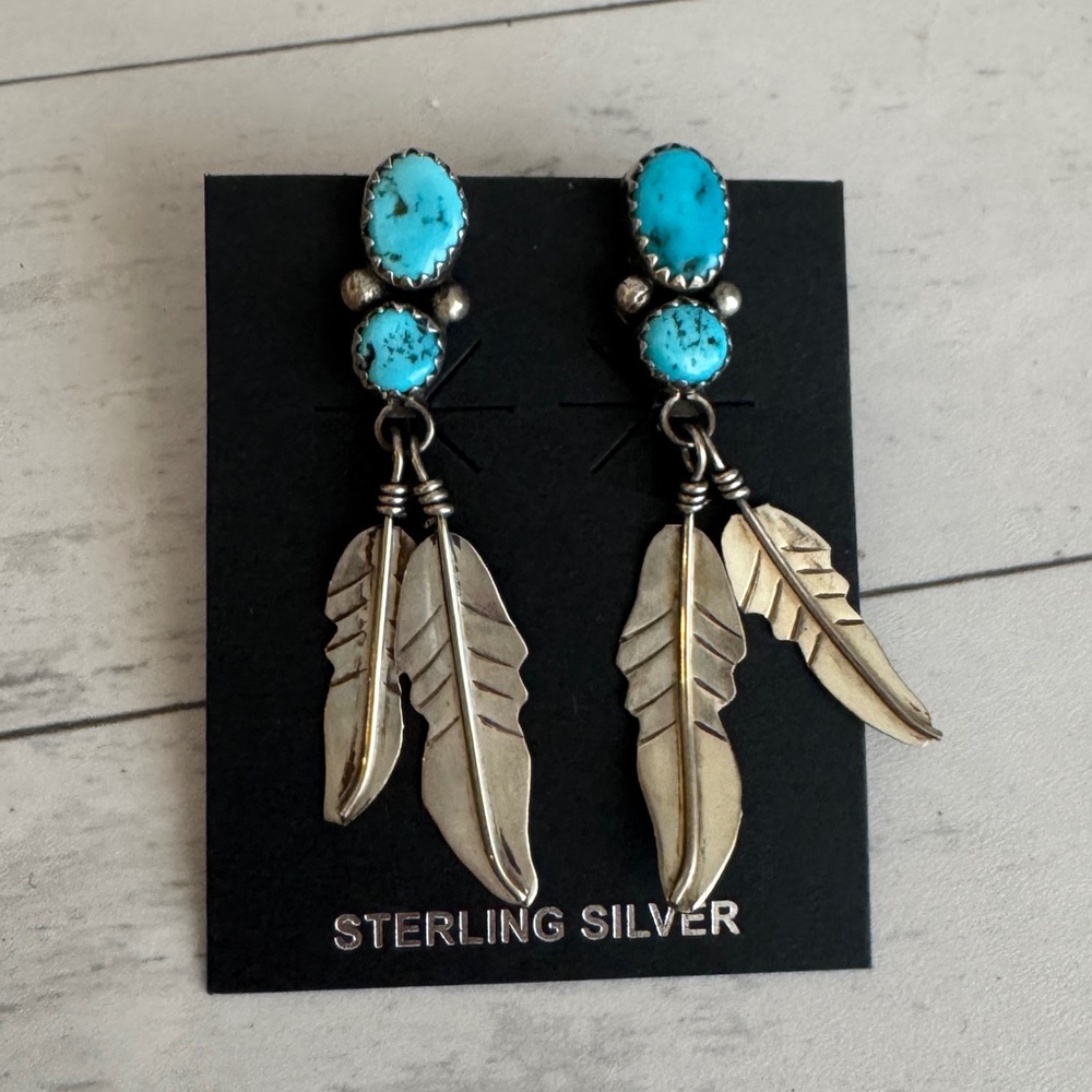 Navajo Sterling Silver Turquoise Feather Earrings